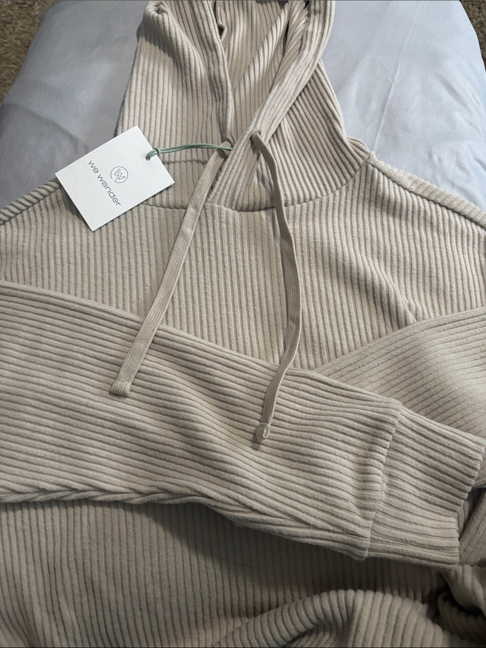 We Wander Ribbed Hoodie in Beige - NWT